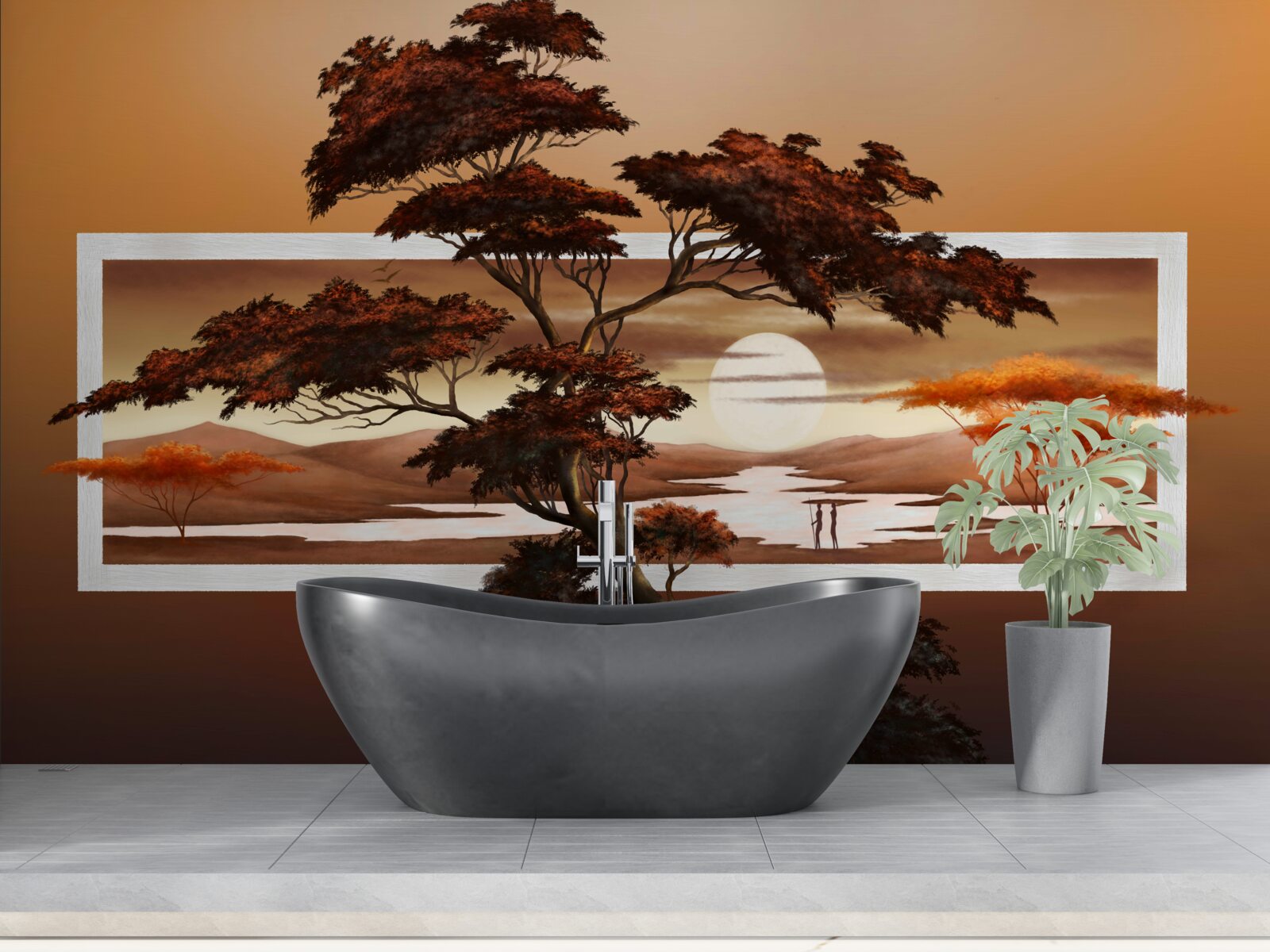 Fototapet apus de soare peste bonsai