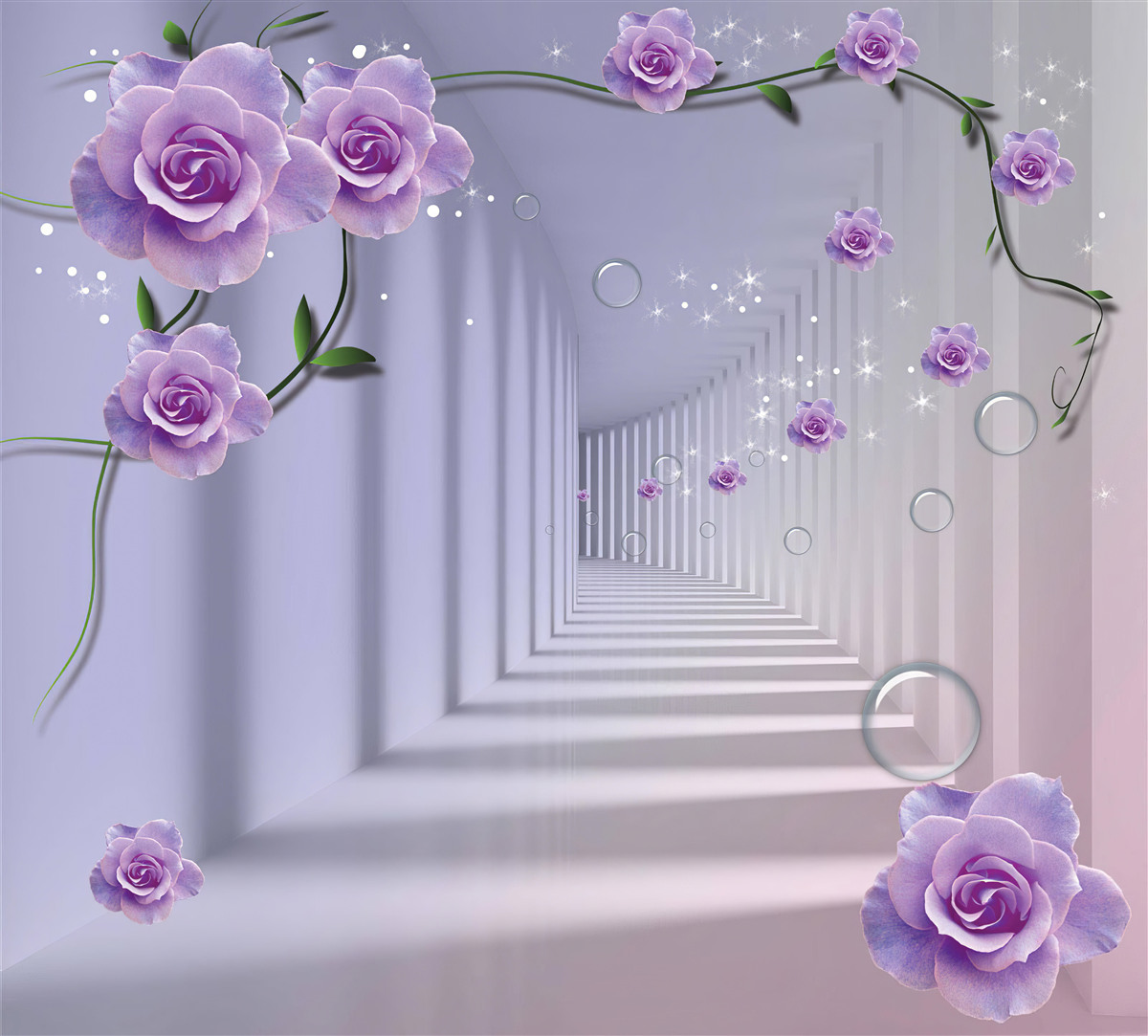 Fototapet în perspectivă, un tunel decorat cu un trandafir violet