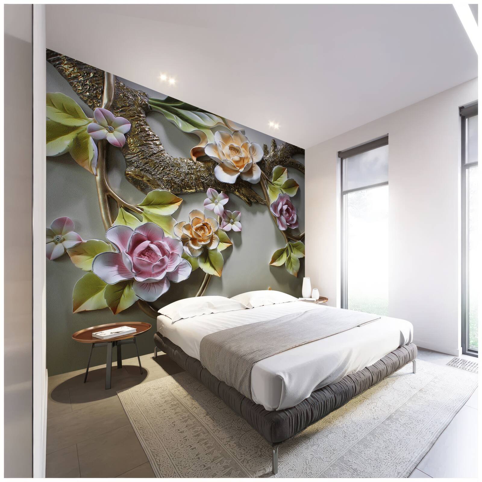 Fototapet flori de lotus în nuanțe de galben și alb și violet și o pasăre
