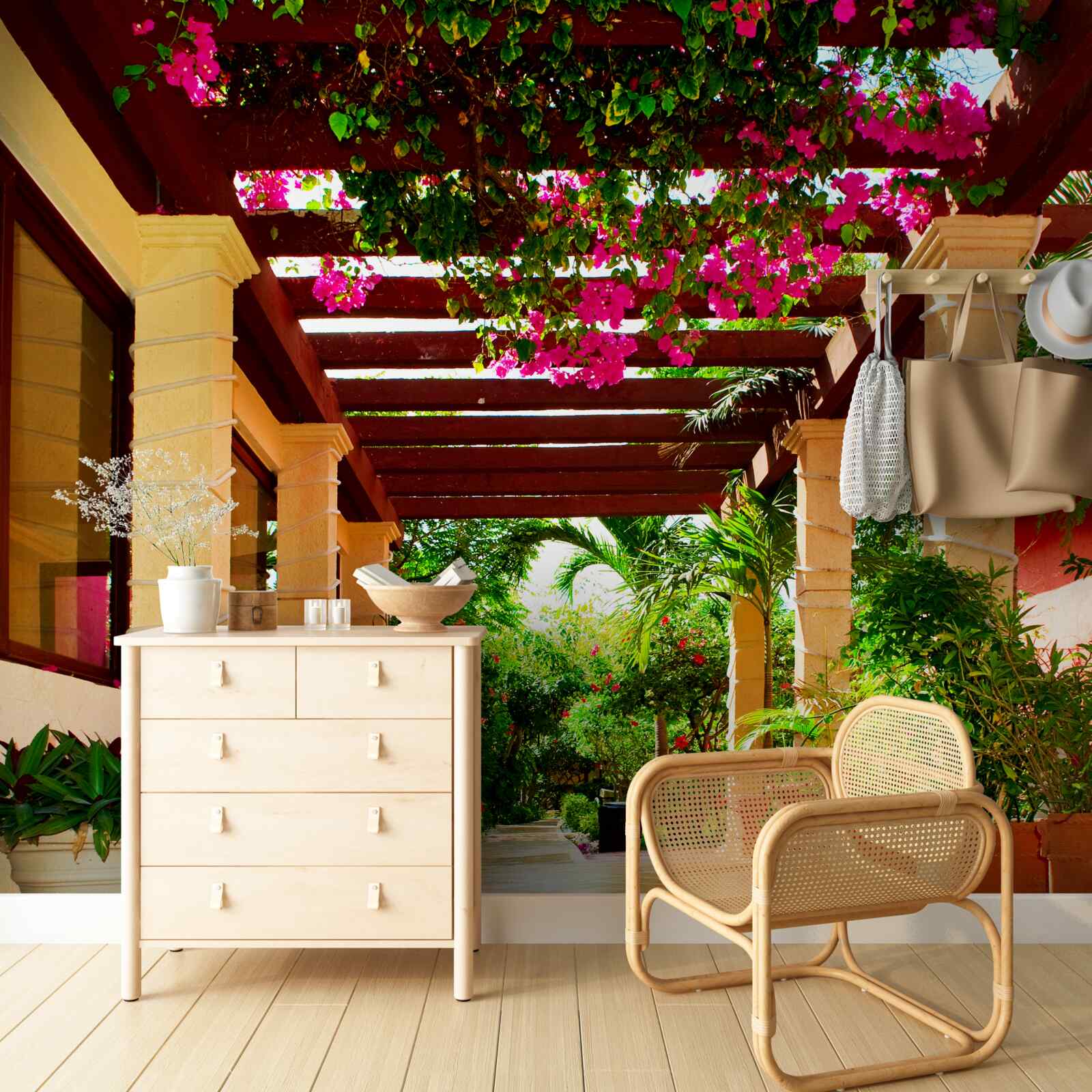 Fototapet terasă lângă casă, decorată cu plante