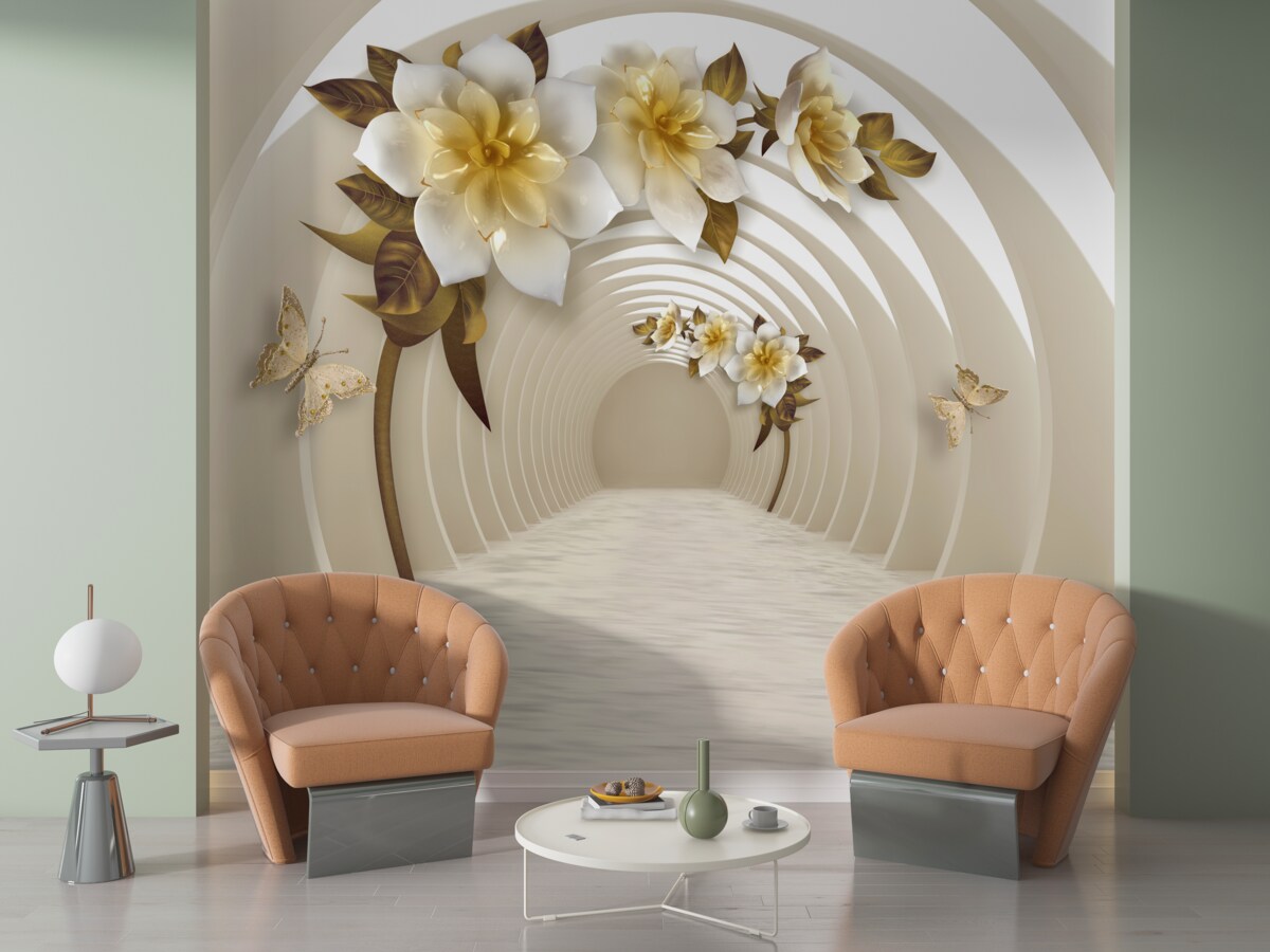 Fototapet privind afară, se pot vedea lotusuri albe decorate cu aur