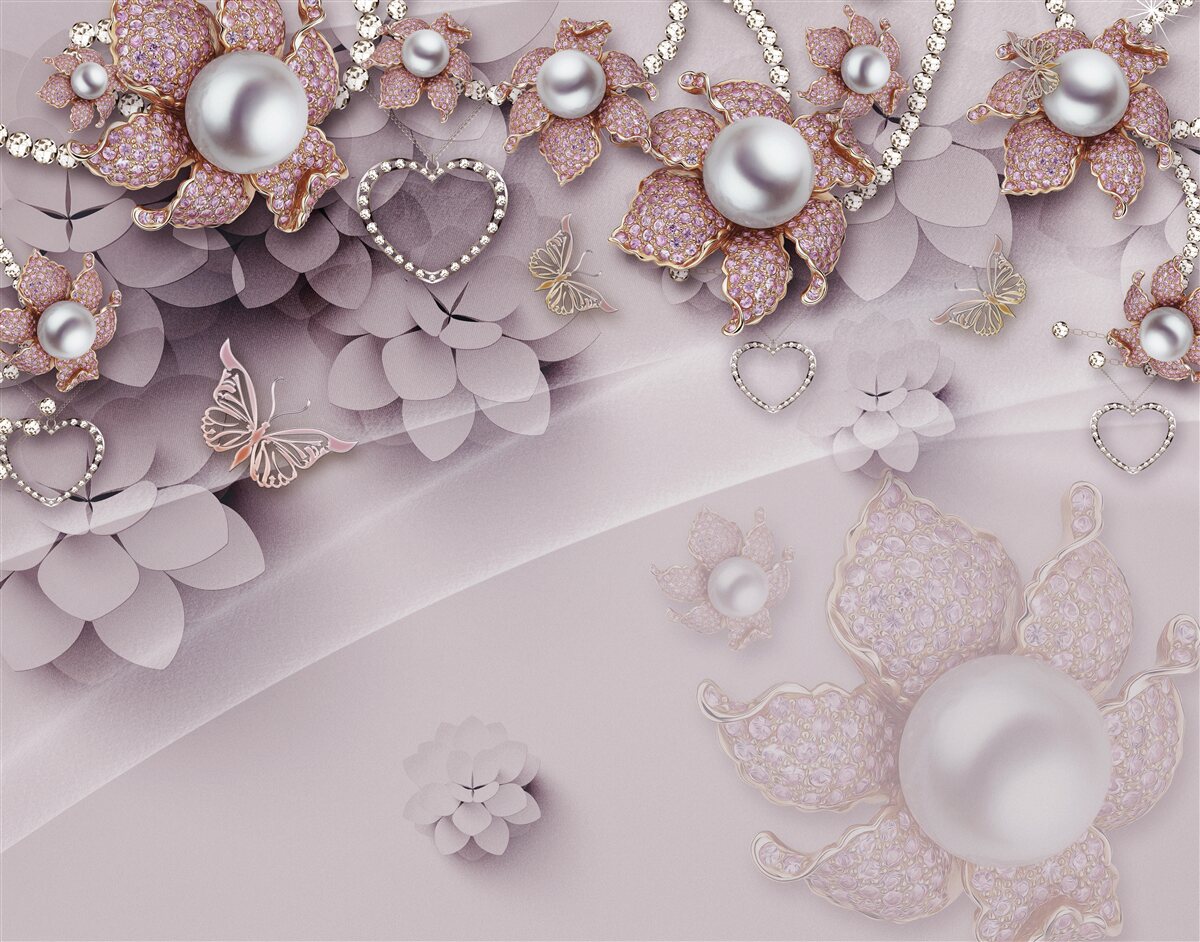 Fototapet centrul prezintă perle înconjurate de flori roz delicate