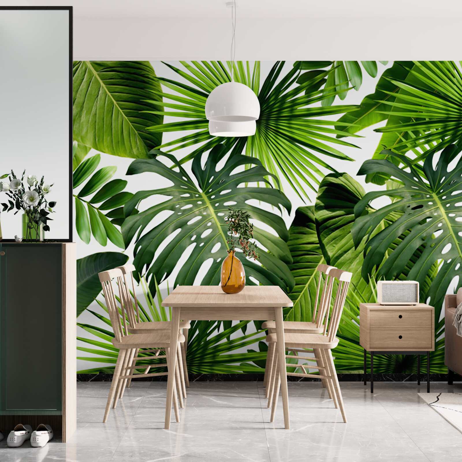 Fototapet monstera și frunze de banane pe un fundal alb, cu densitate