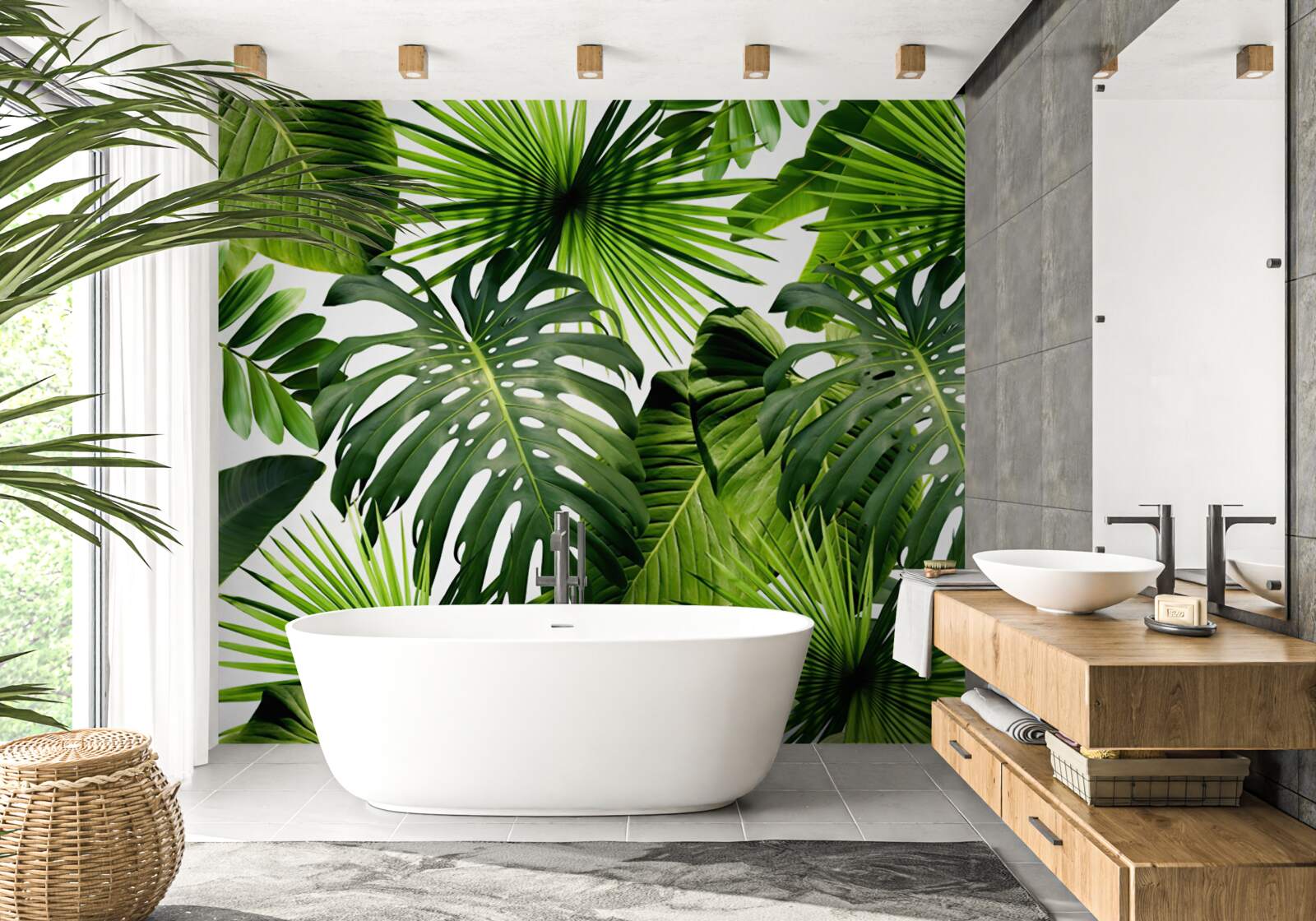 Fototapet monstera și frunze de banane pe un fundal alb, cu densitate