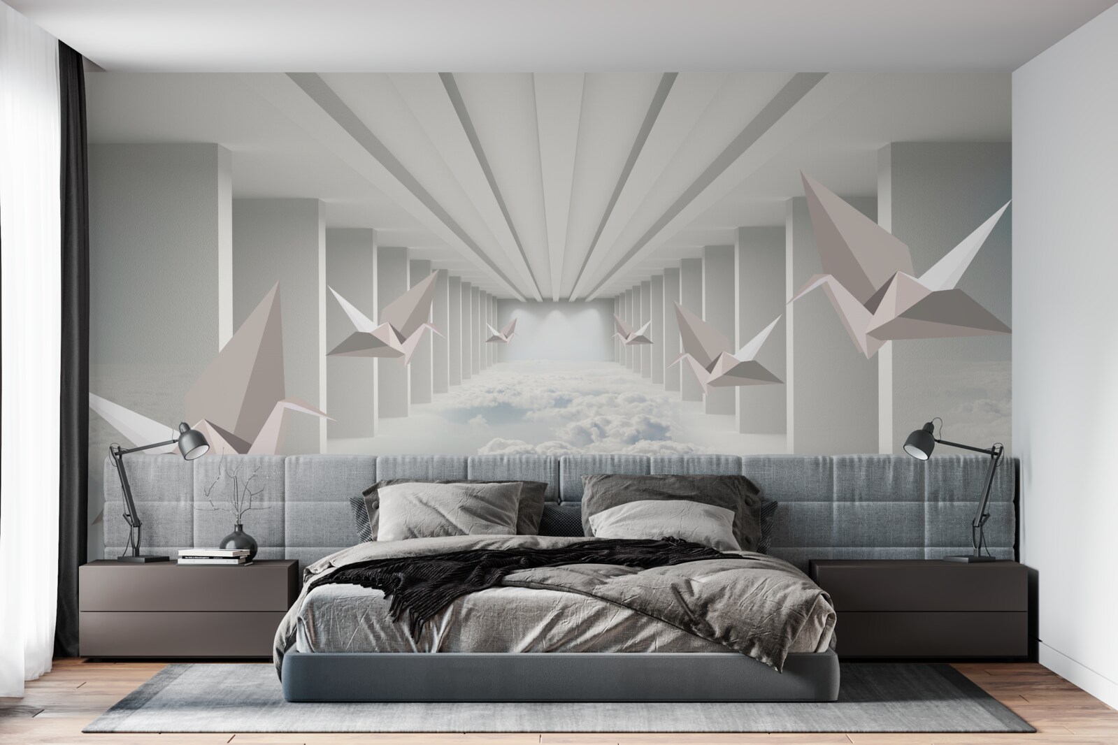 Fototapet geometrie abstractă de păsări în nori