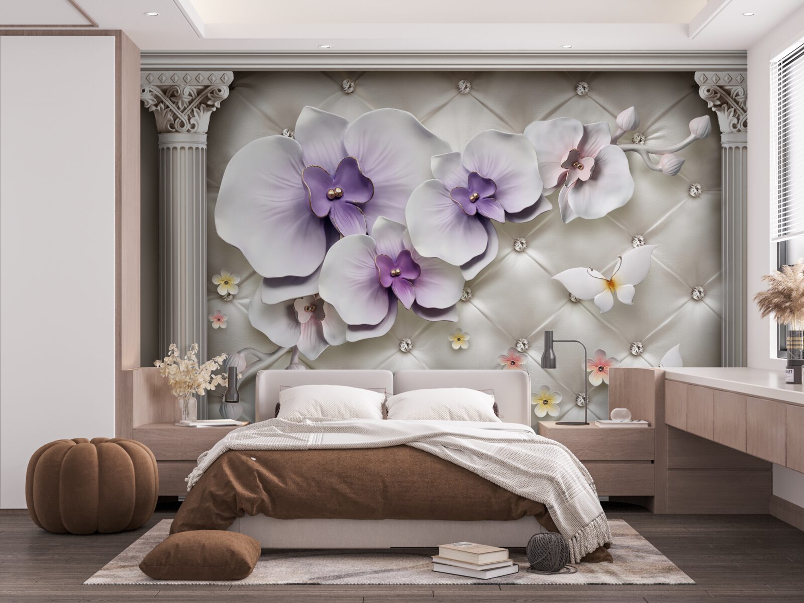Fototapet Orhidee albă ca zăpada decorată cu aur și perle