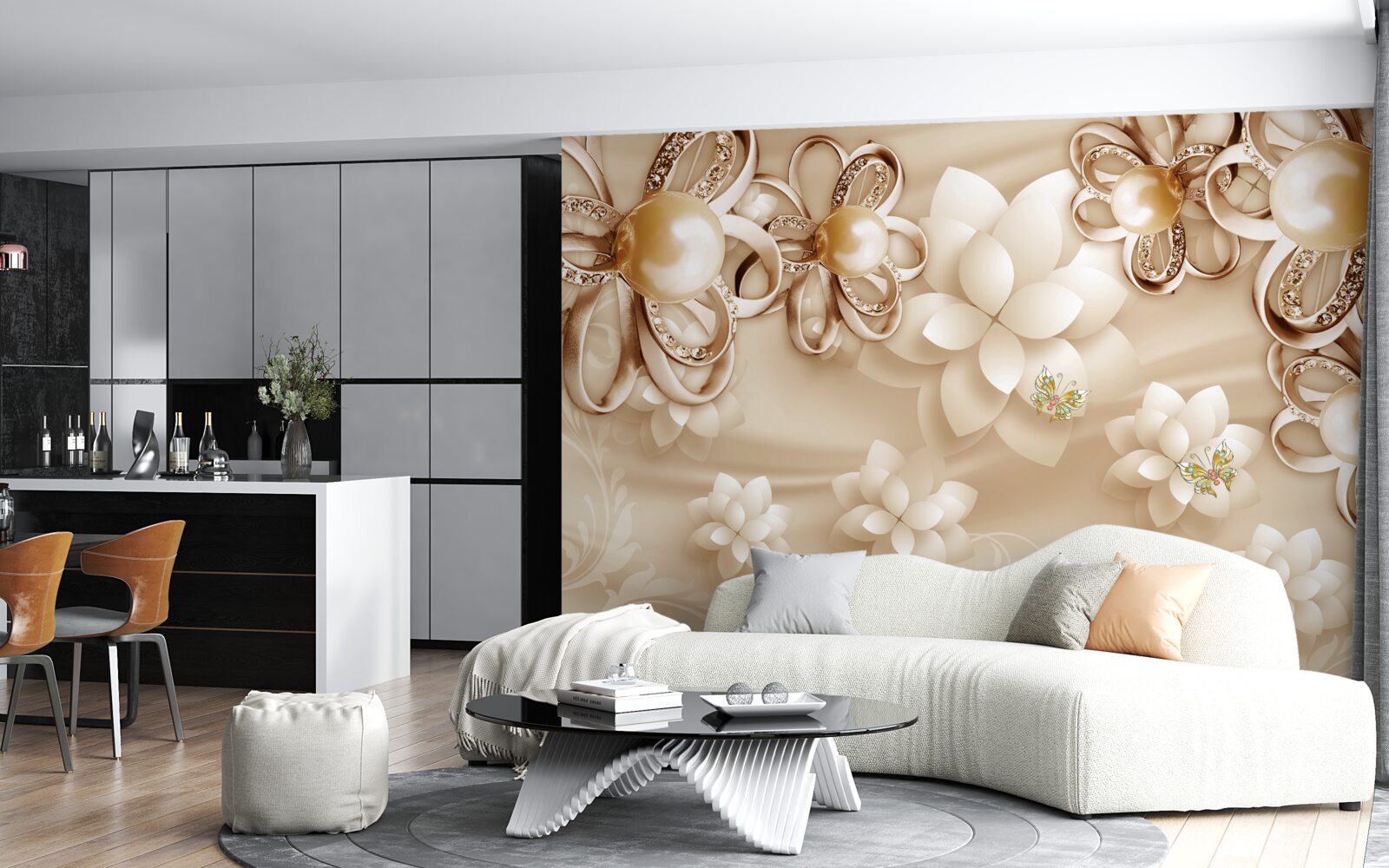 Fototapet magnolia are flori albe cu reflexe aurii