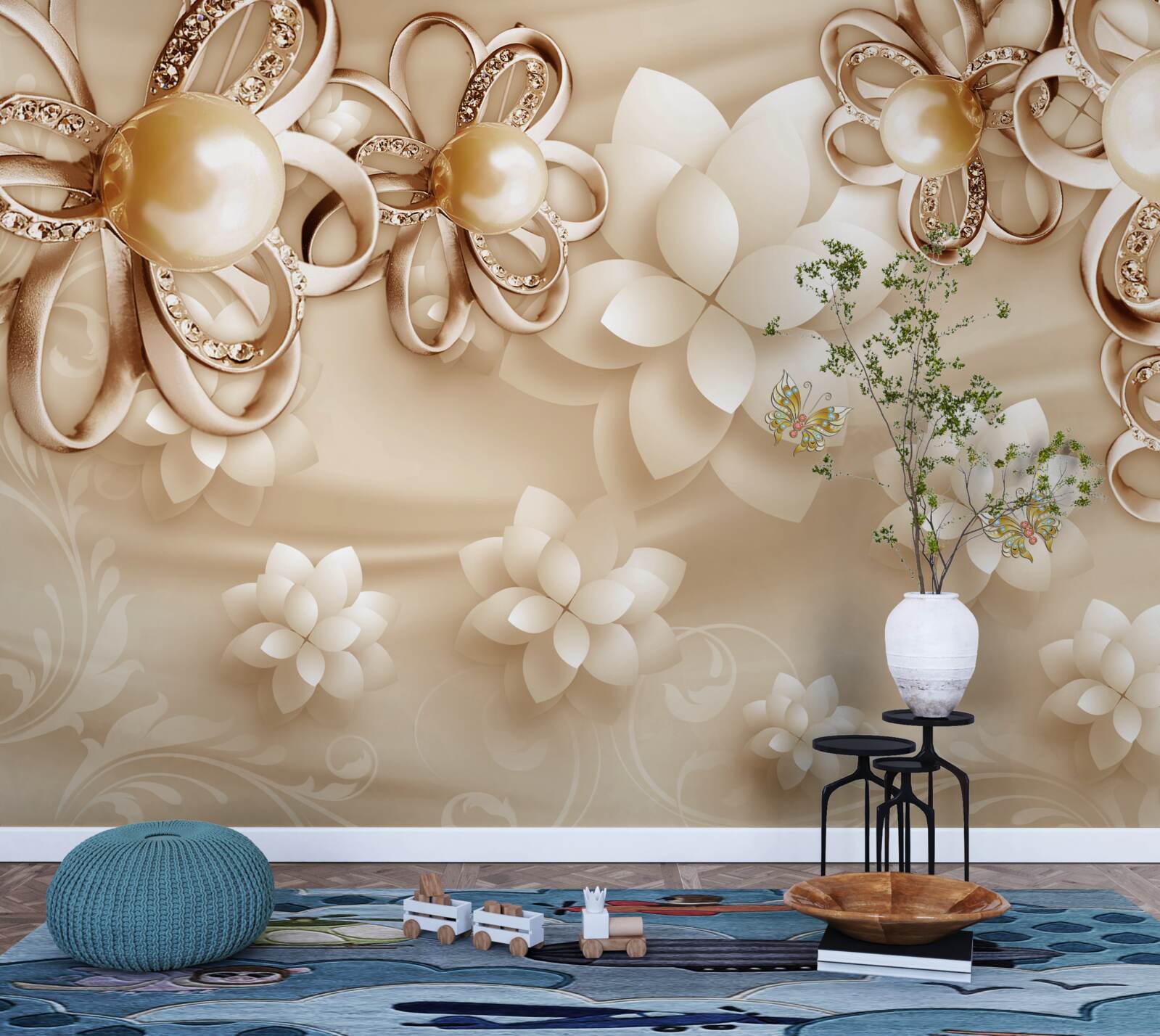 Fototapet magnolia are flori albe cu reflexe aurii
