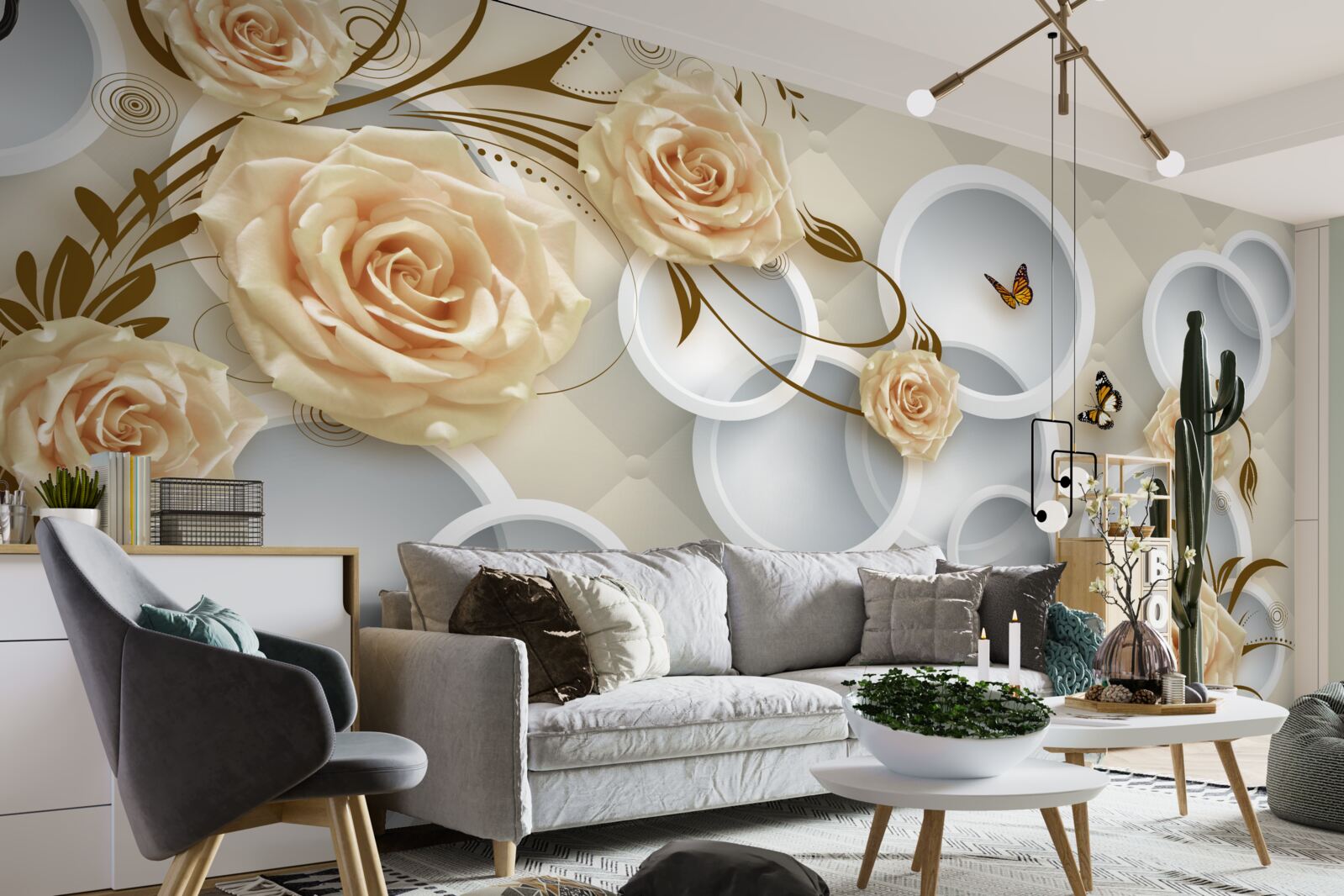 Fototapet crenguțe de bronz roz cu decor auriu fantezie