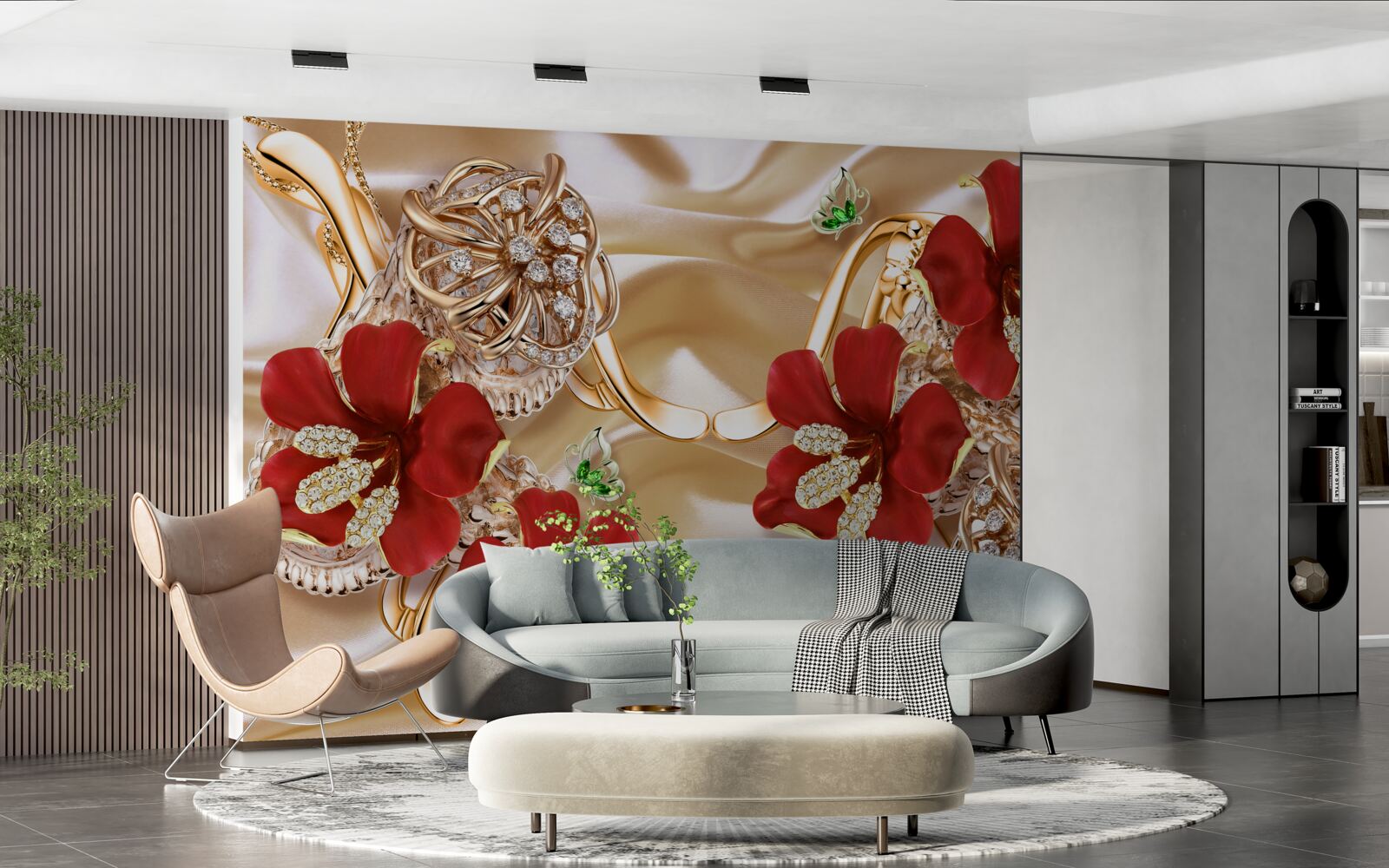 Fototapet muguri roșii decorați cu elemente decorative pe mătase aurie