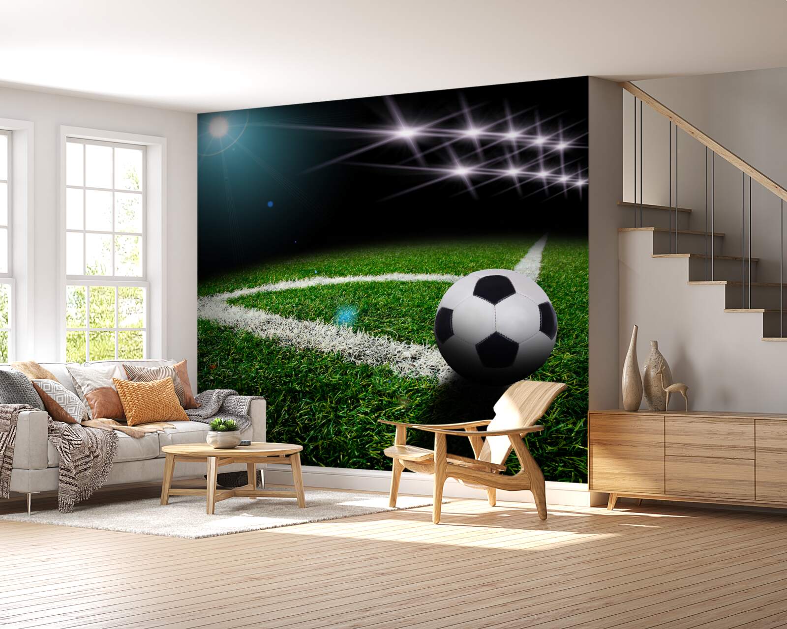 Fototapet mingea se află pe peluza stadionului