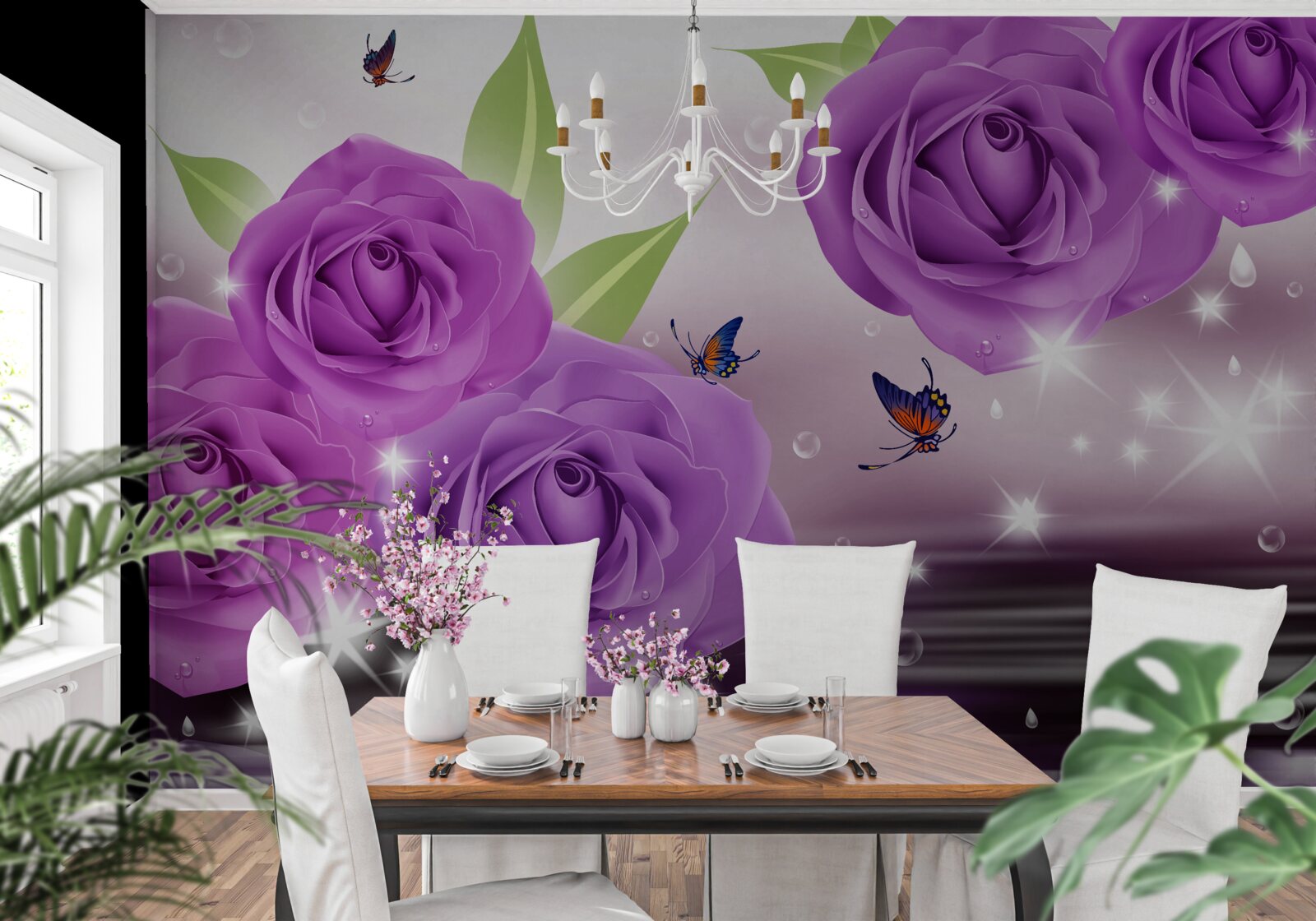 Fototapet fluturii și trandafirii sunt de culoarea liliacului violet închis