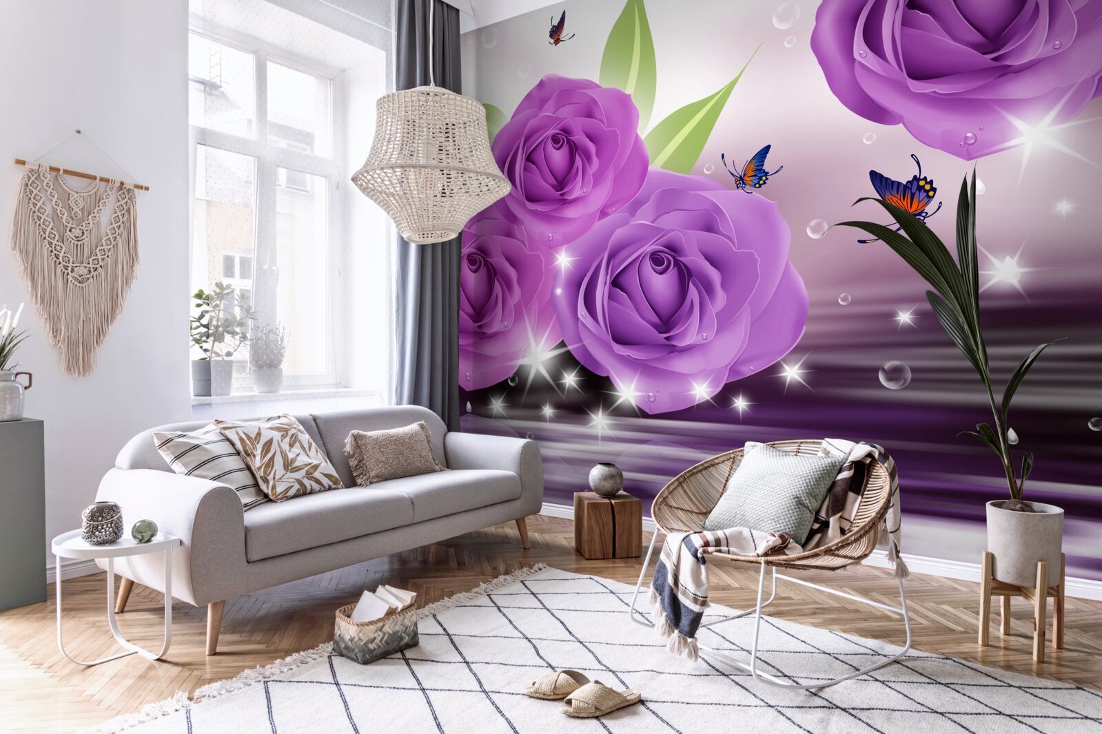 Fototapet fluturii și trandafirii sunt de culoarea liliacului violet închis
