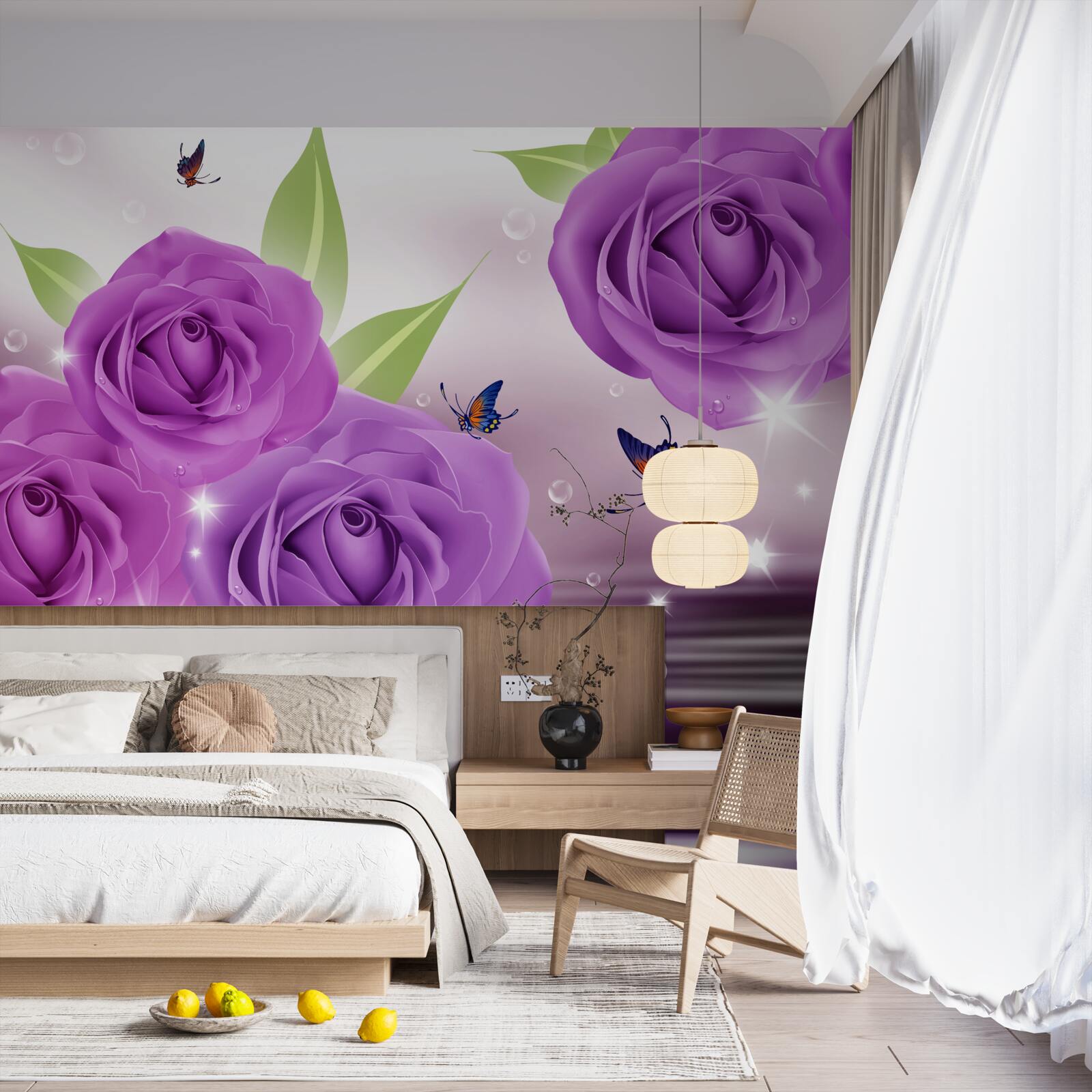 Fototapet fluturii și trandafirii sunt de culoarea liliacului violet închis