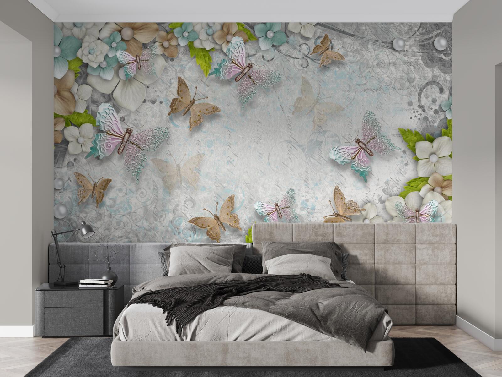 Fototapet fundal moale decorat cu flori și fluturi