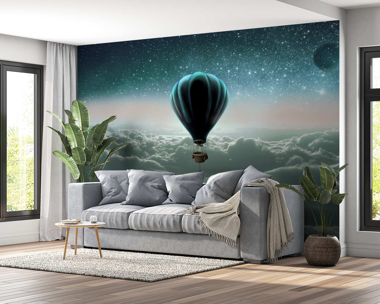 Fototapet balon cu aer cald pe timp de noapte plutind deasupra norilor