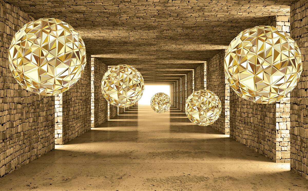 Fototapet imagine abstractă de bile și tunel în nuanțe aurii