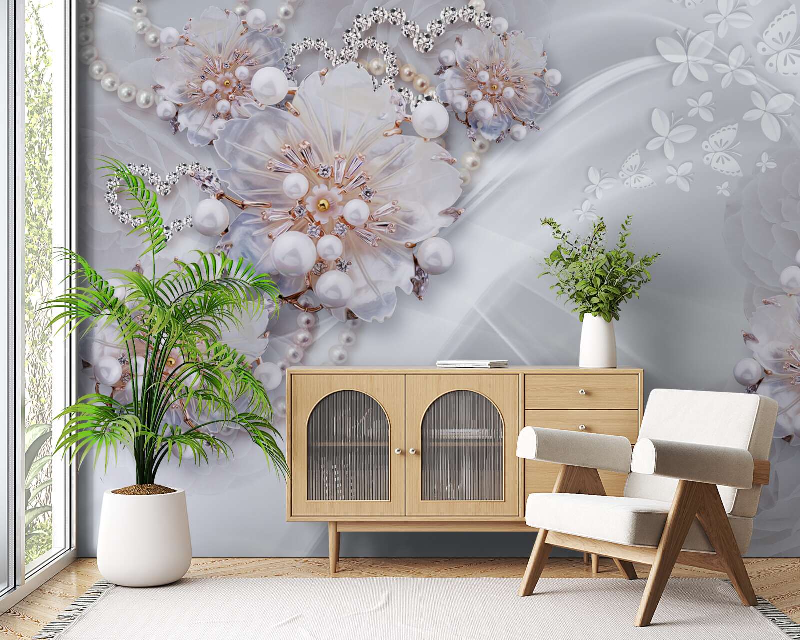 Fototapet pe mătase sunt flori delicate decorate cu perle