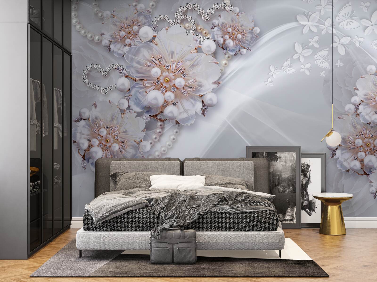 Fototapet pe mătase sunt flori delicate decorate cu perle