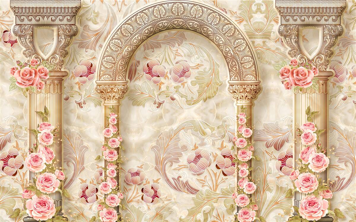 Fototapet Arce decorate cu flori roz delicate de primăvară