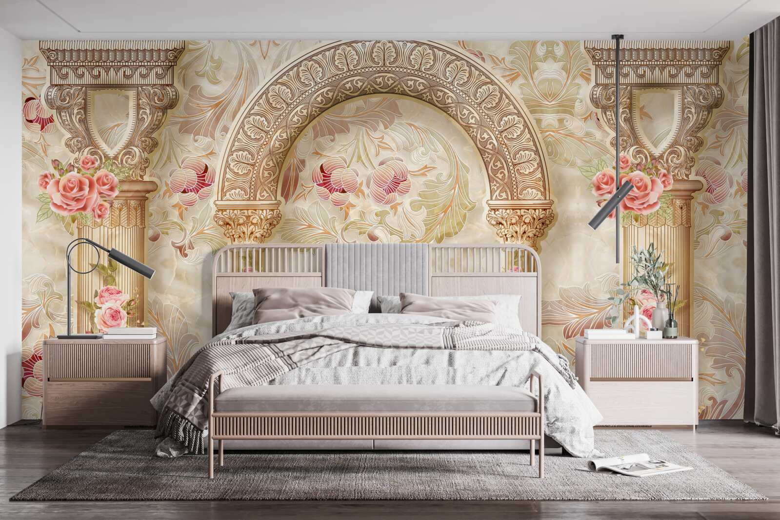 Fototapet Arce decorate cu flori roz delicate de primăvară