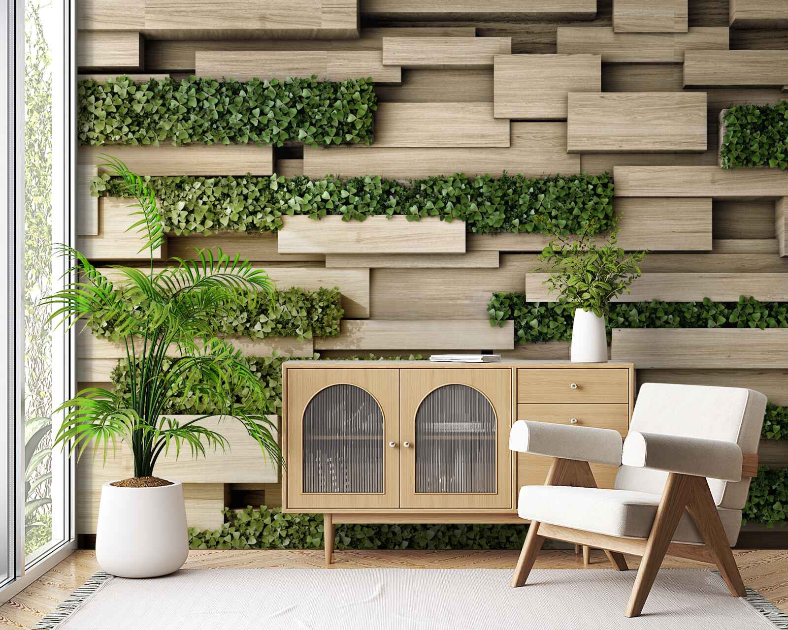 Fototapet perete de piatră decorat cu plante verzi