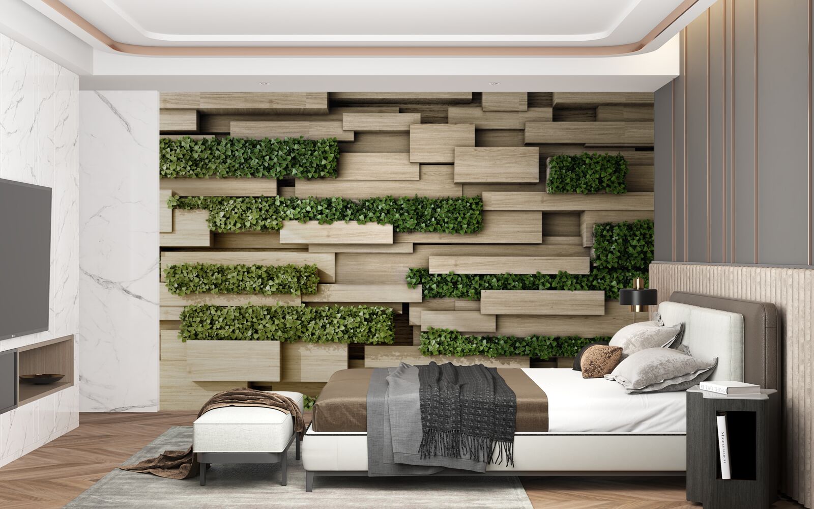 Fototapet perete de piatră decorat cu plante verzi