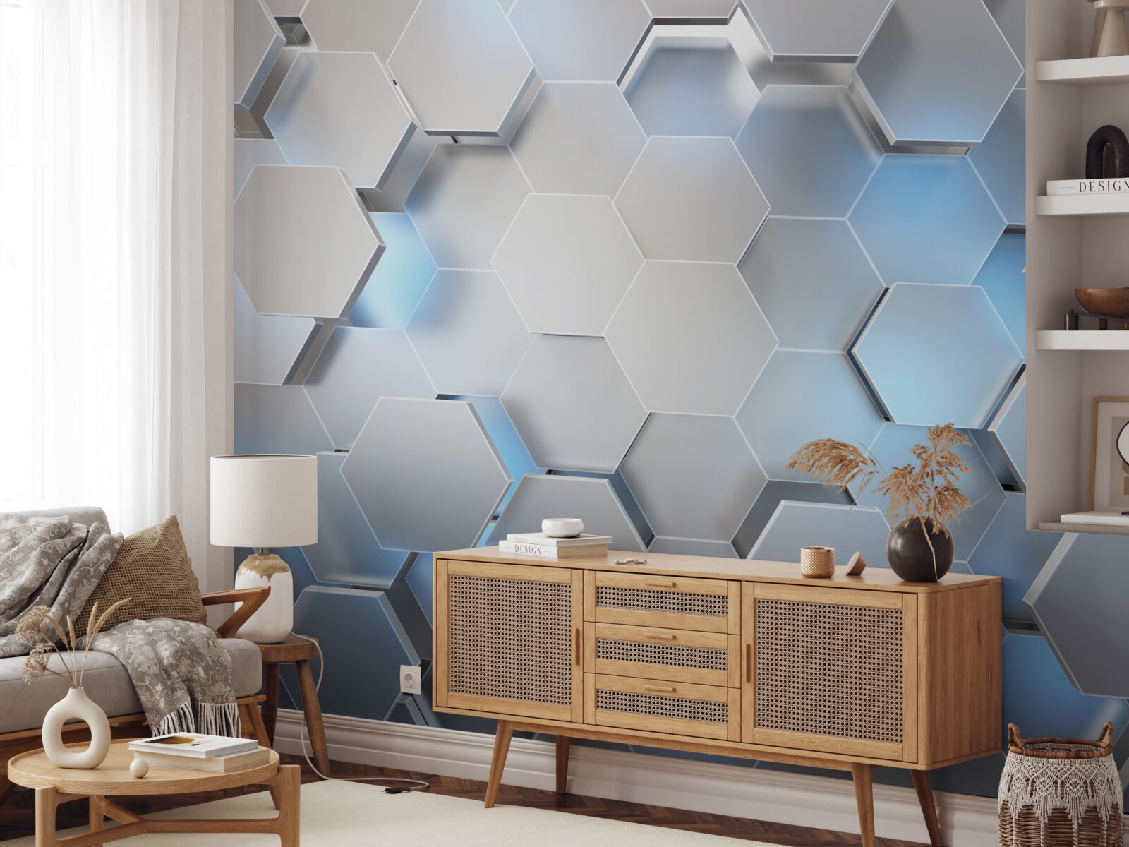 Fototapet hexagoane gri cu accent albastru