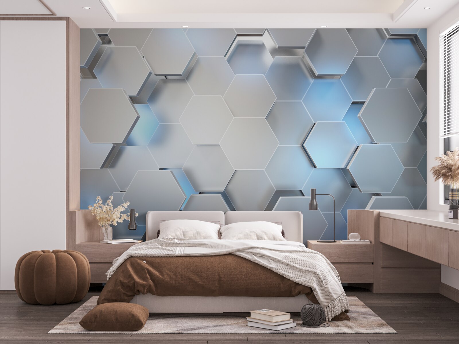 Fototapet hexagoane gri cu accent albastru