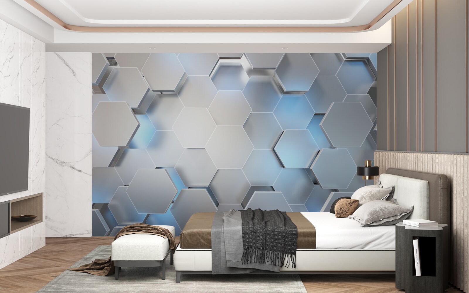 Fototapet hexagoane gri cu accent albastru
