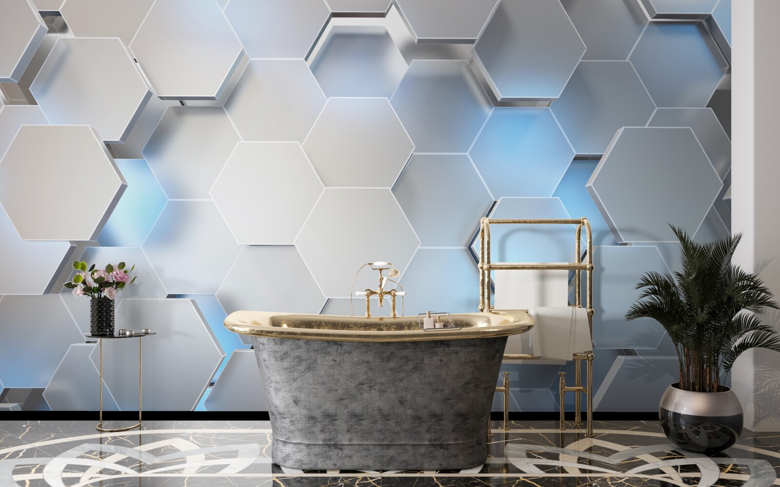 Fototapet hexagoane gri cu accent albastru