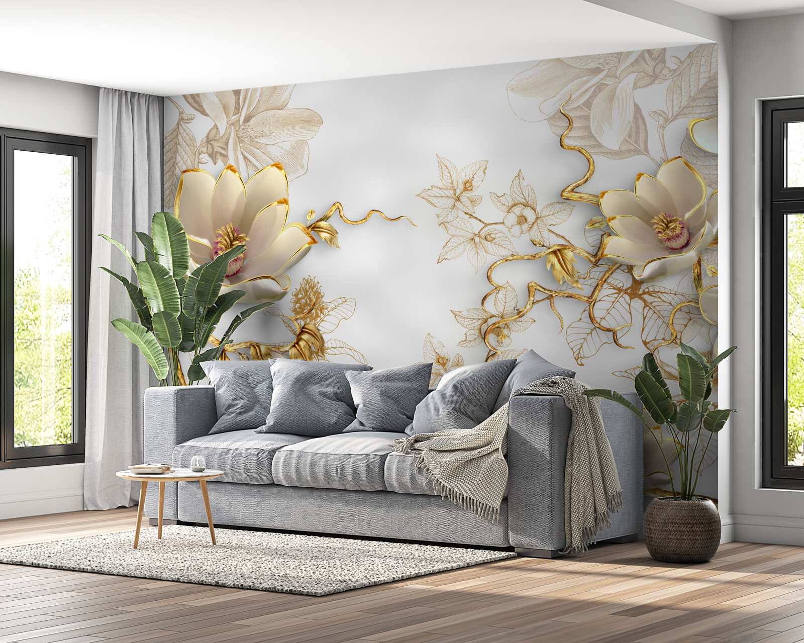 Fototapet magnolia înflorește în nuanțe aurii