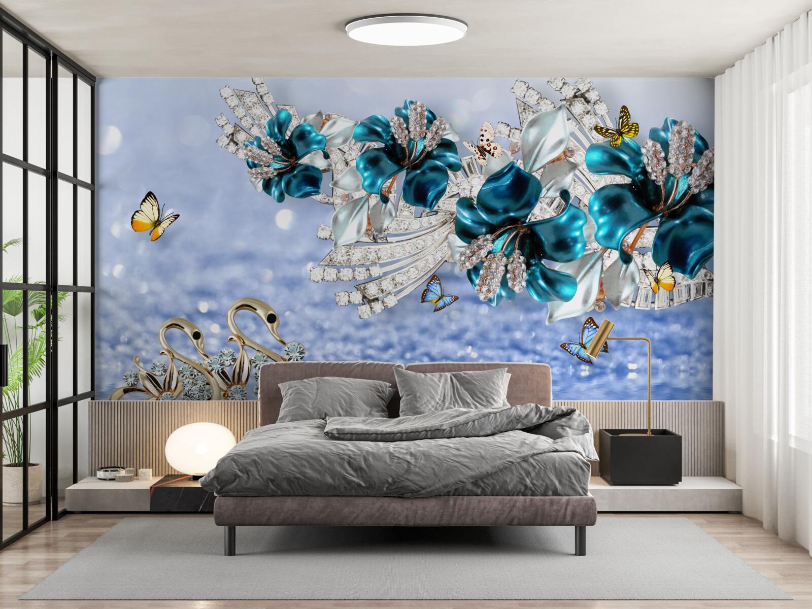 Fototapet magnolii cu flori albastru cristal și fluturi