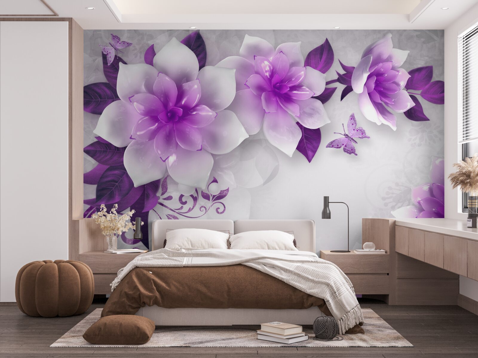 Fototapet fundal alb decorat cu flori violete