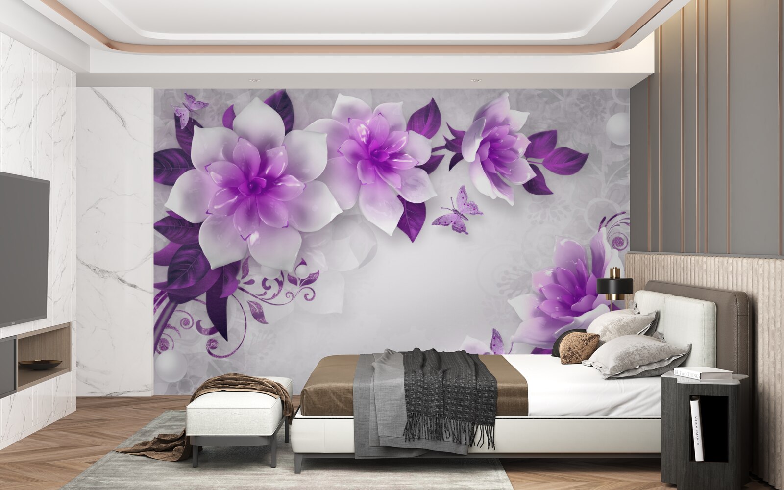 Fototapet fundal alb decorat cu flori violete