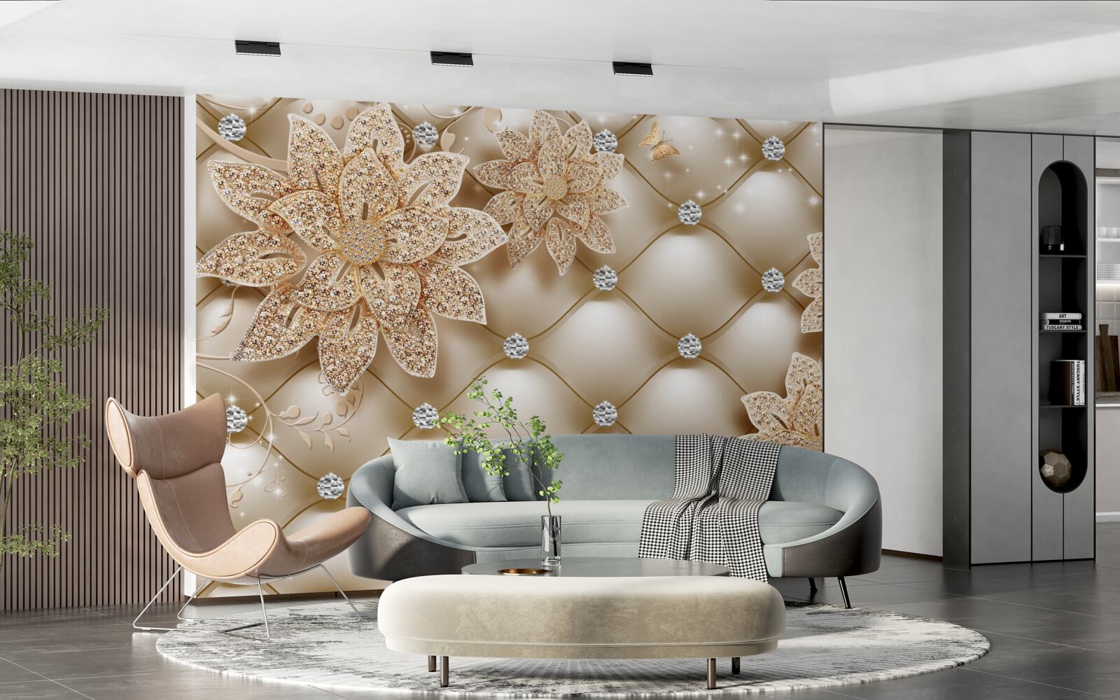 Fototapet perlele sunt decorate cu flori aurii