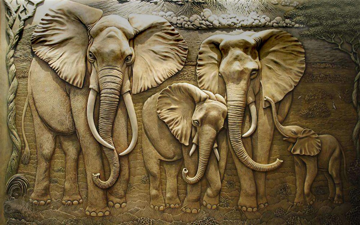 Fototapet familie de elefanți în sculptură