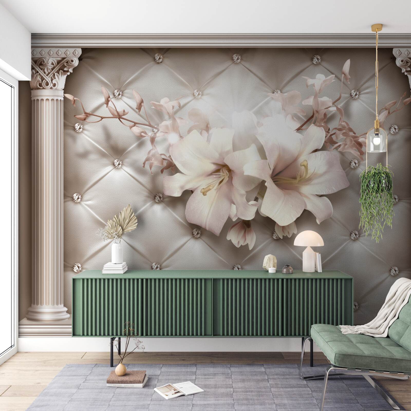 Fototapet funde decorate cu crini albi și perle
