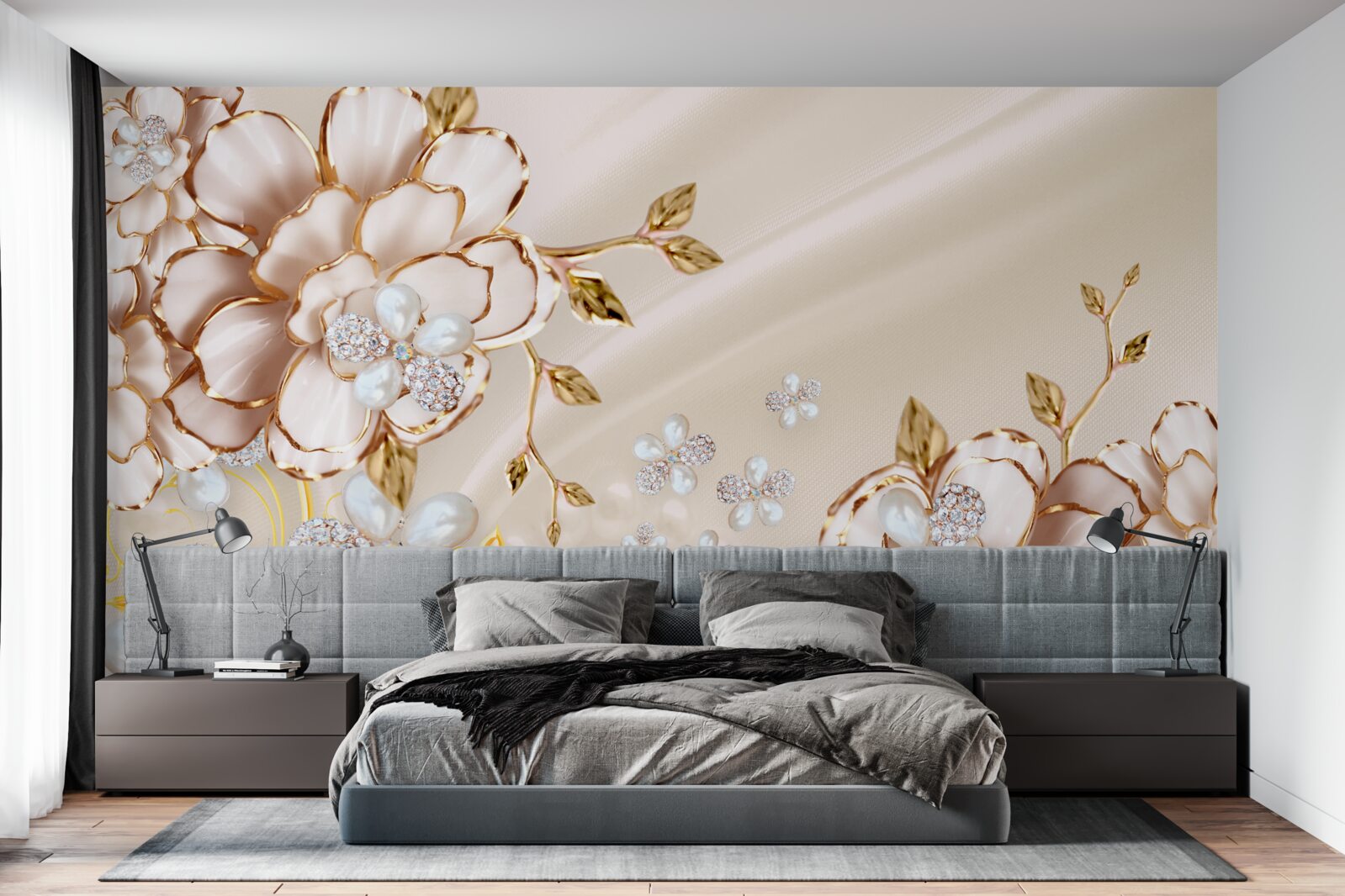 Fototapet flori cu brocart auriu cu diamante