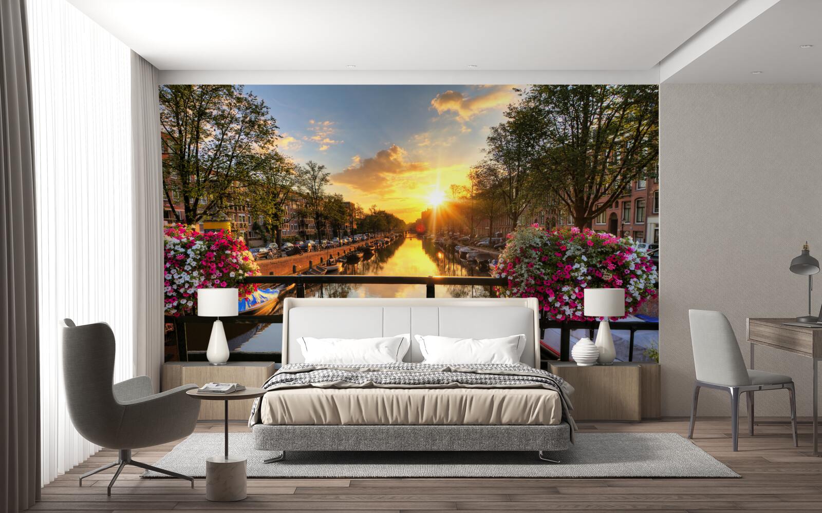 Fototapet vizionarea apusului de soare de pe un pod din amsterdam