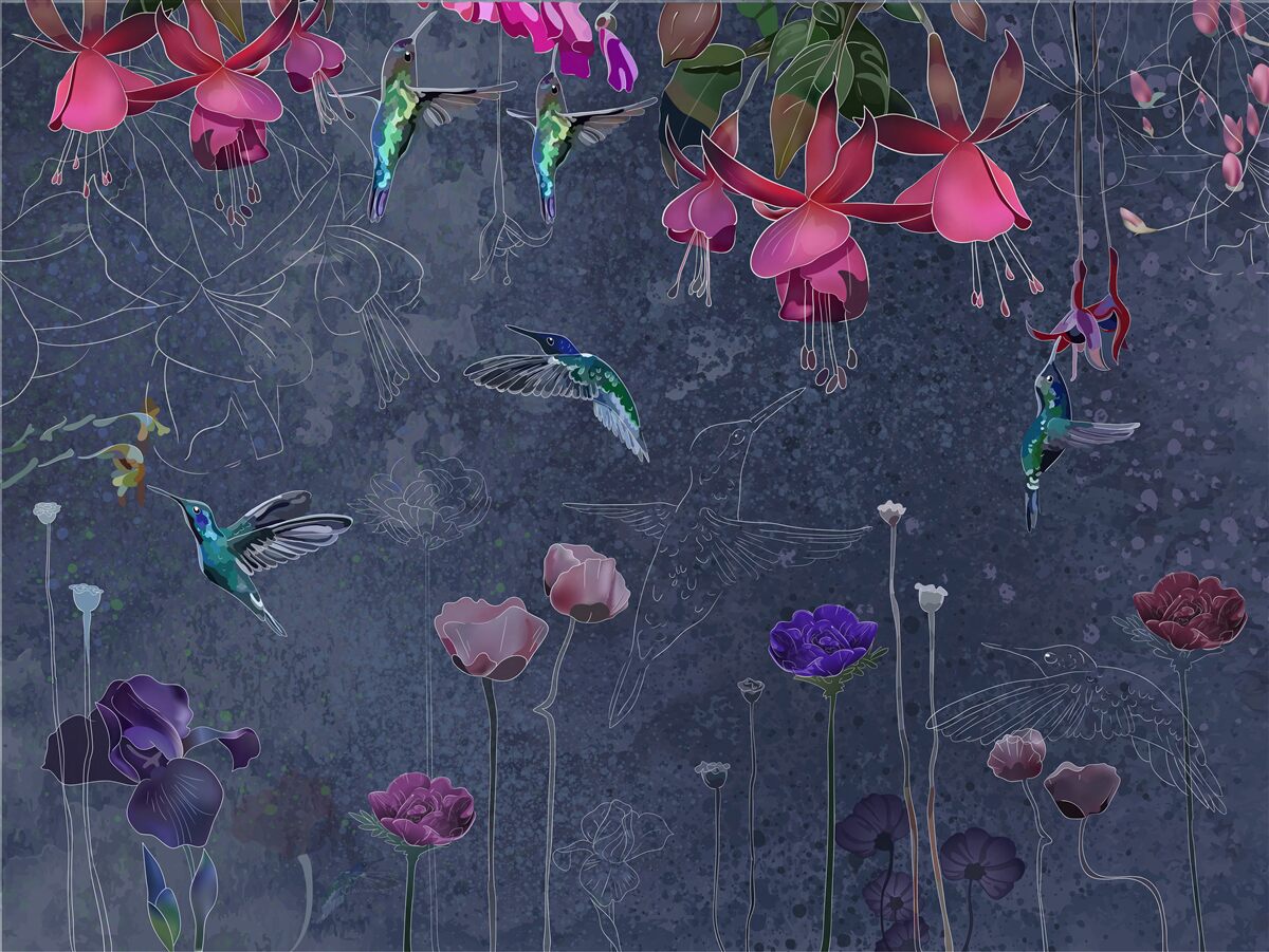 Fototapet colibri și flori pe un fundal gri