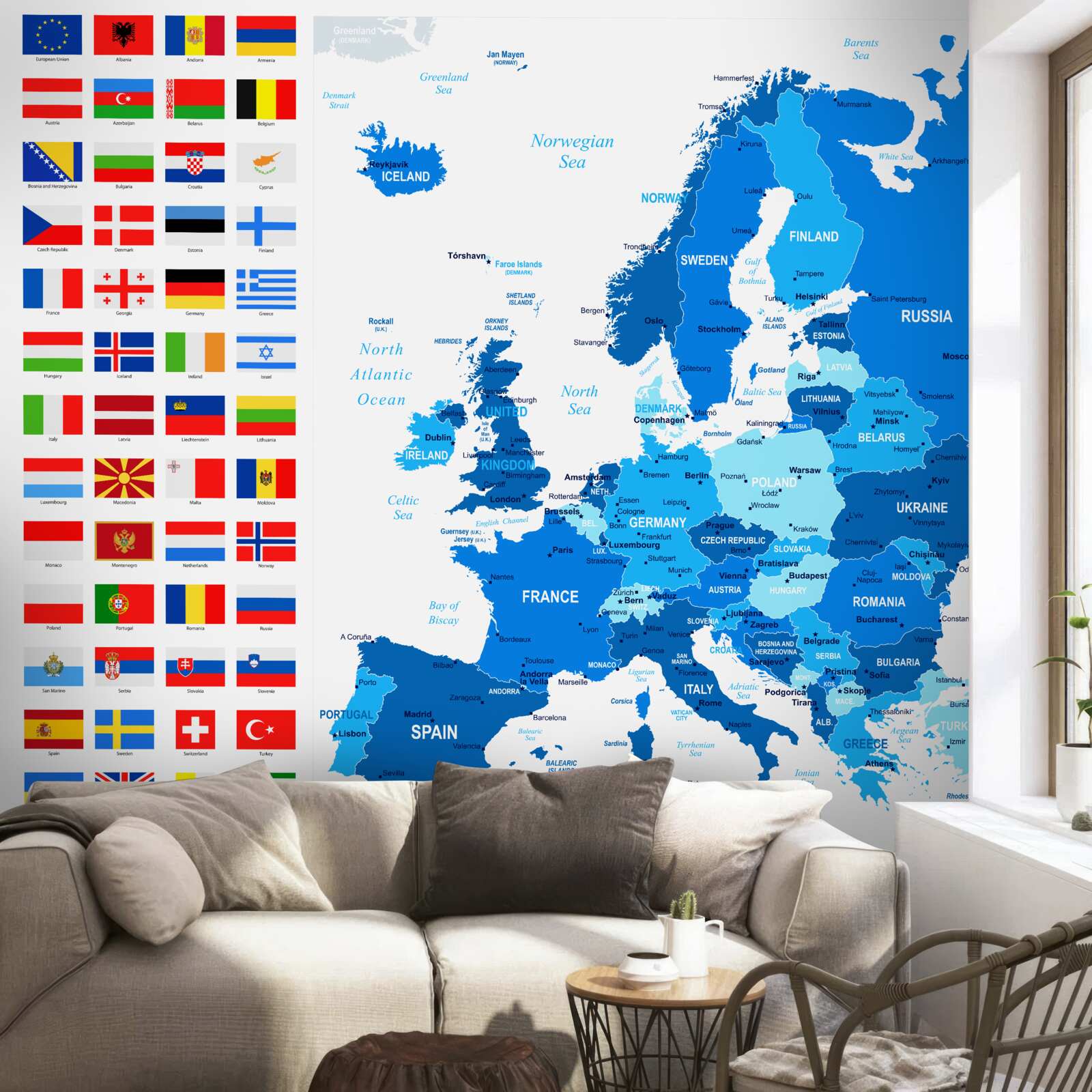 Fototapet harta Europei cu steagurile țărilor