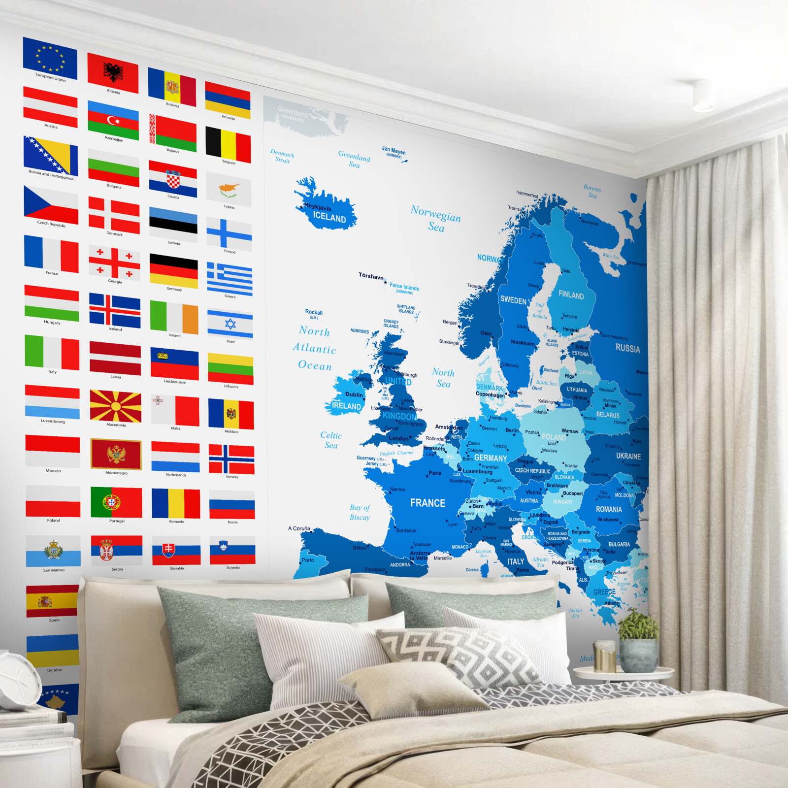 Fototapet harta Europei cu steagurile țărilor