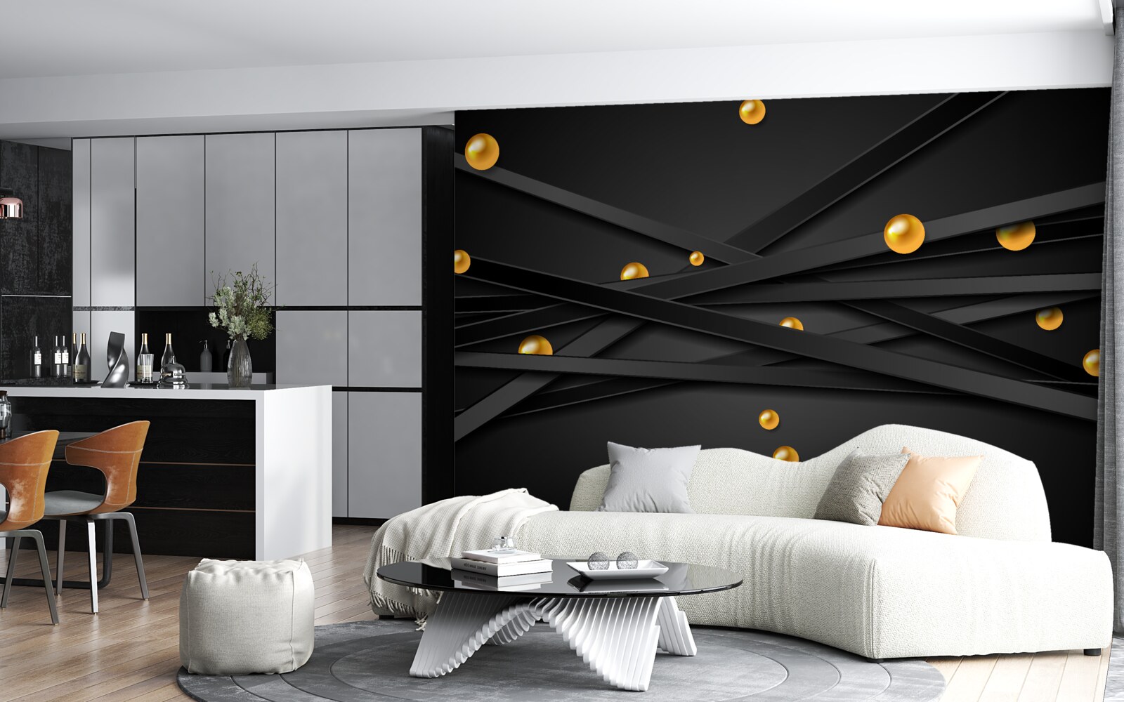 Fototapet linii negre nesfârșite decorate cu cercuri galbene