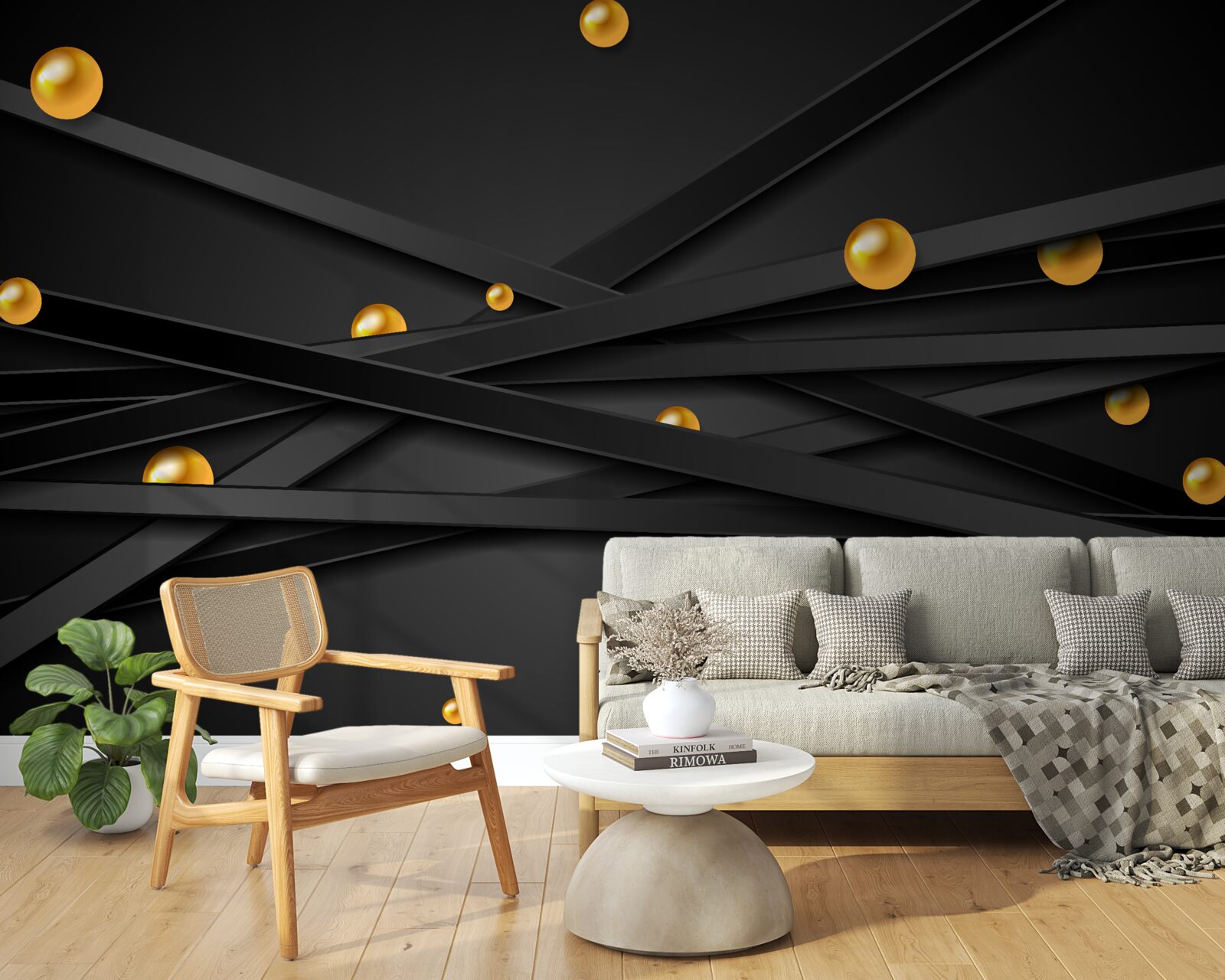 Fototapet linii negre nesfârșite decorate cu cercuri galbene
