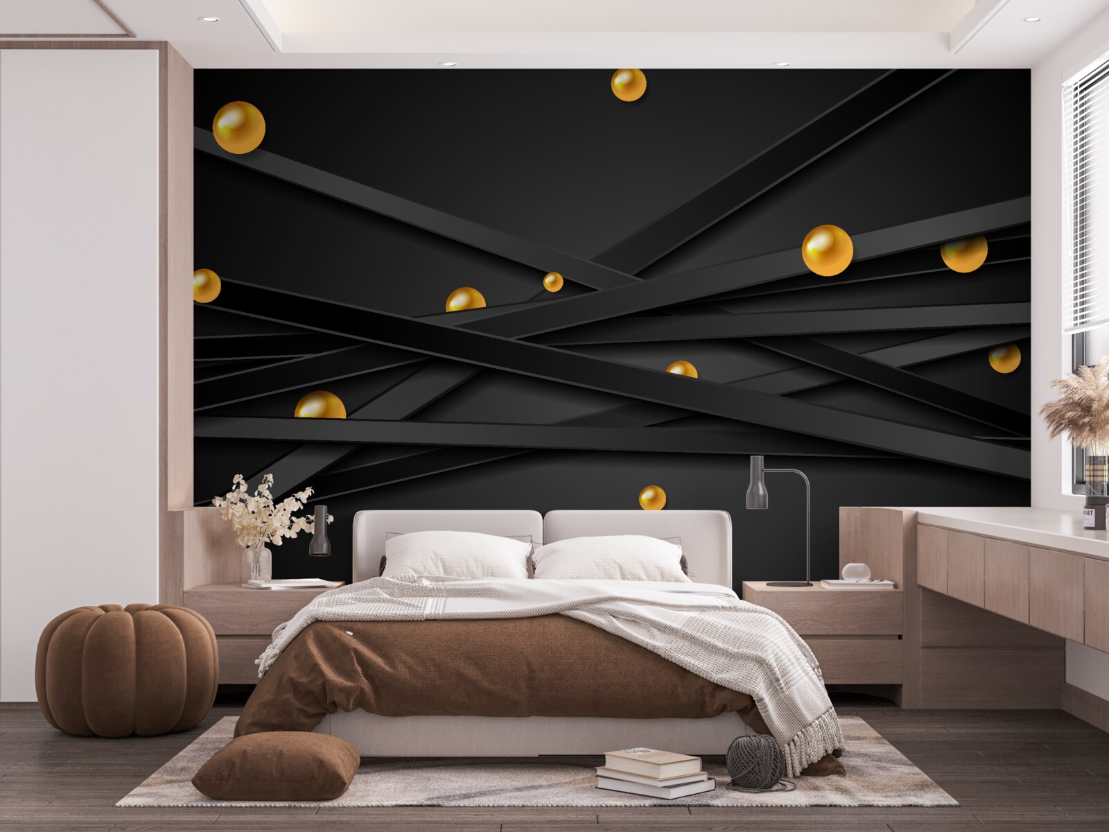 Fototapet linii negre nesfârșite decorate cu cercuri galbene