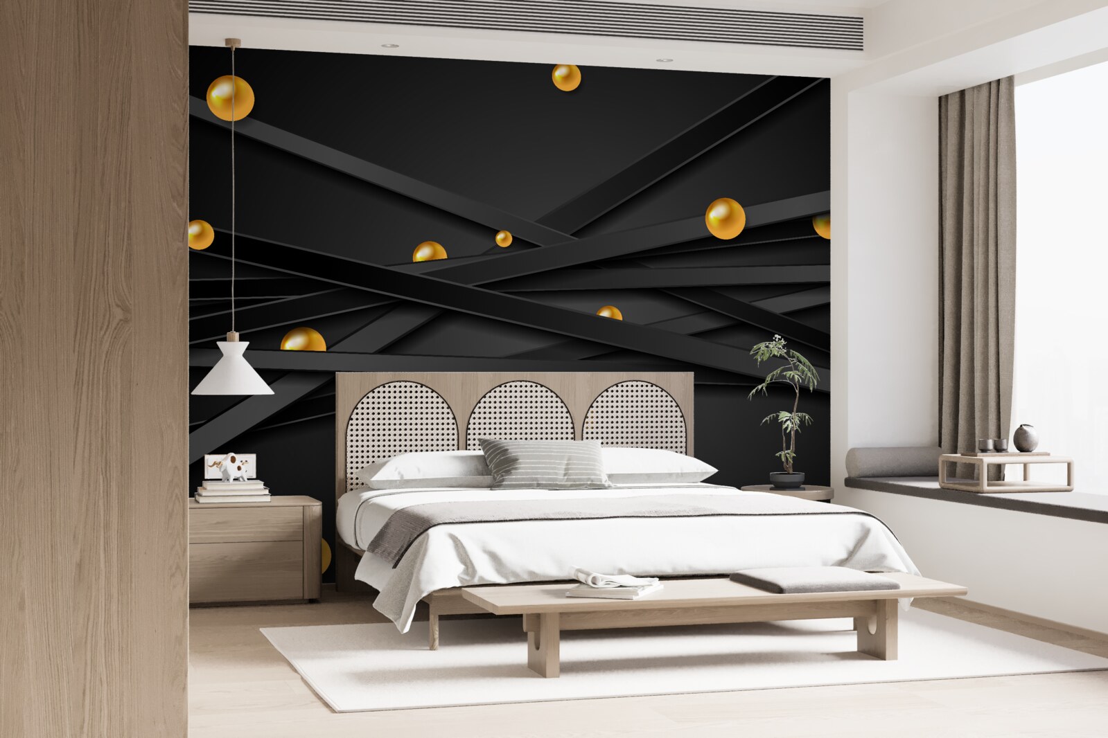 Fototapet linii negre nesfârșite decorate cu cercuri galbene