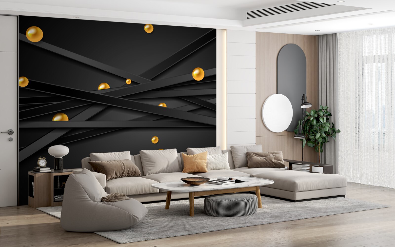 Fototapet linii negre nesfârșite decorate cu cercuri galbene