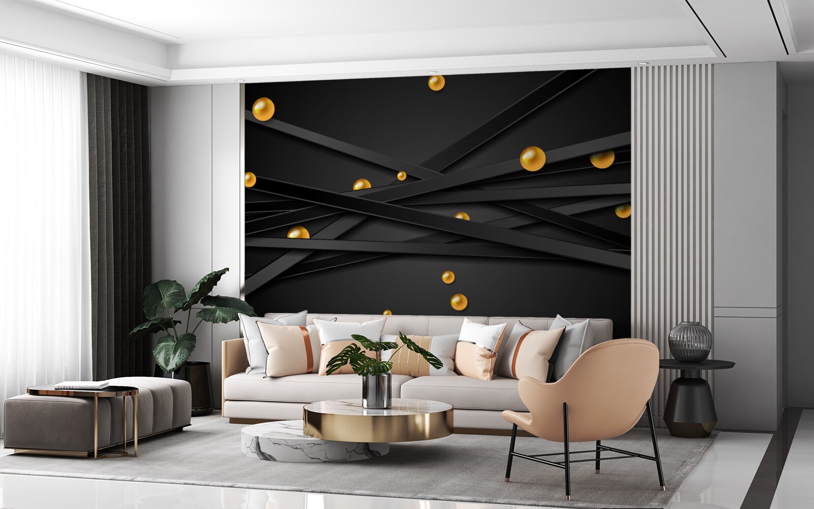 Fototapet linii negre nesfârșite decorate cu cercuri galbene