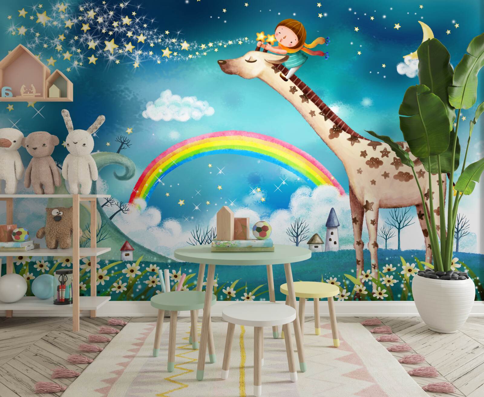 Fototapet copil pe o girafă pe un fundal curcubeu
